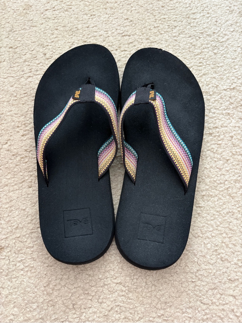 Teva Black Flip Flops with Pastel Rainbow Straps